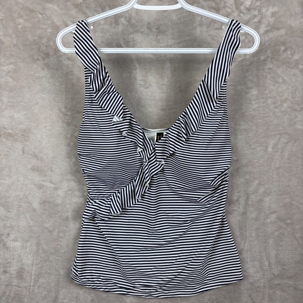 Nip Tuck Swim Tankini Top Size 10 Blue White Striped Ruffle Multi Fit Cup Beach